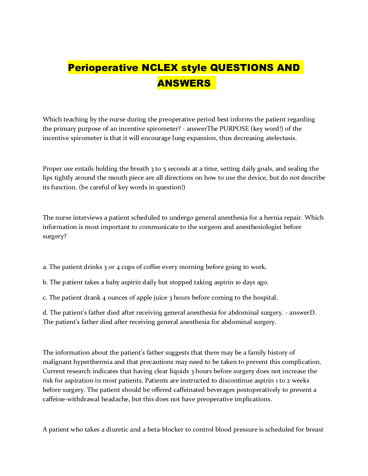 Preview image for Perioperative NCLEX style QUESTIONS AND ANSWERS